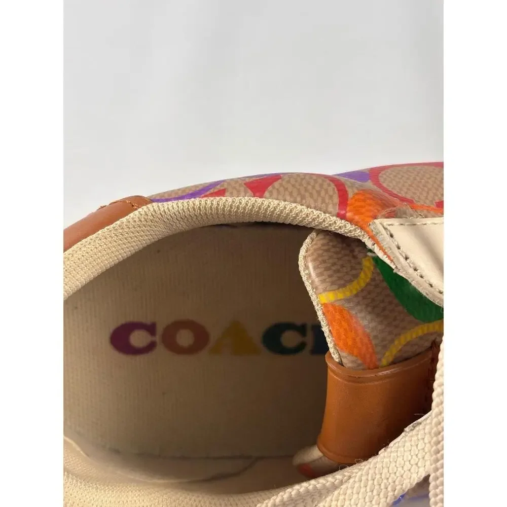 Coach Low Top Sneakers Rainbow Signature C Monogram‎ Khaki Multi Leather Trim